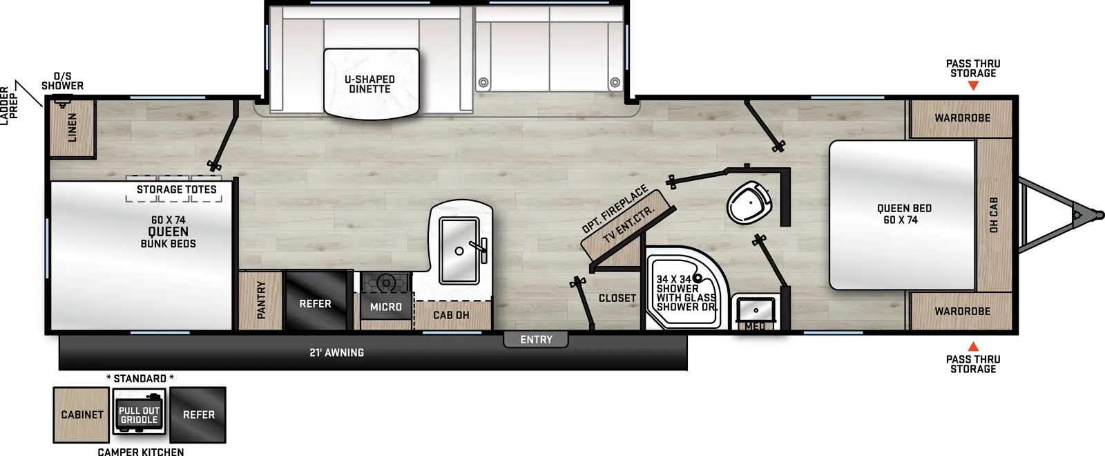 The 29TQS has one slideout and one entry. Exterior features front pass-thru storage, 21 foot awning, ladder prep, outside shower, and camper kitchen with refrigerator, pull-out griddle and cabinet. Interior layout front to back: foot-facing queen bed with overhead cabinet and wardrobes on each side; door side full pass-thru bathroom with medicine cabinet; entertainment center with TV and optional fireplace along angled inner wall; off-door side slideout with seating and u-shaped dinette; door side closet, entry, peninsula kitchen counter with sink, overhead cabinet, microwave, cooktop, refrigerator, and pantry; rear bunk room with door side queen bunk beds, storage totes, and linen closet.